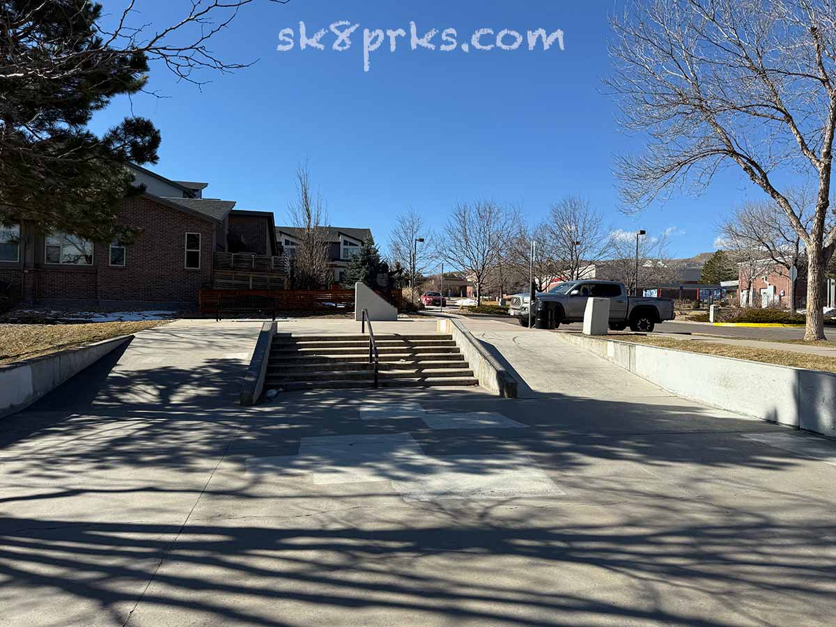 Lakewood Skatepark stairs, rail and hubbas